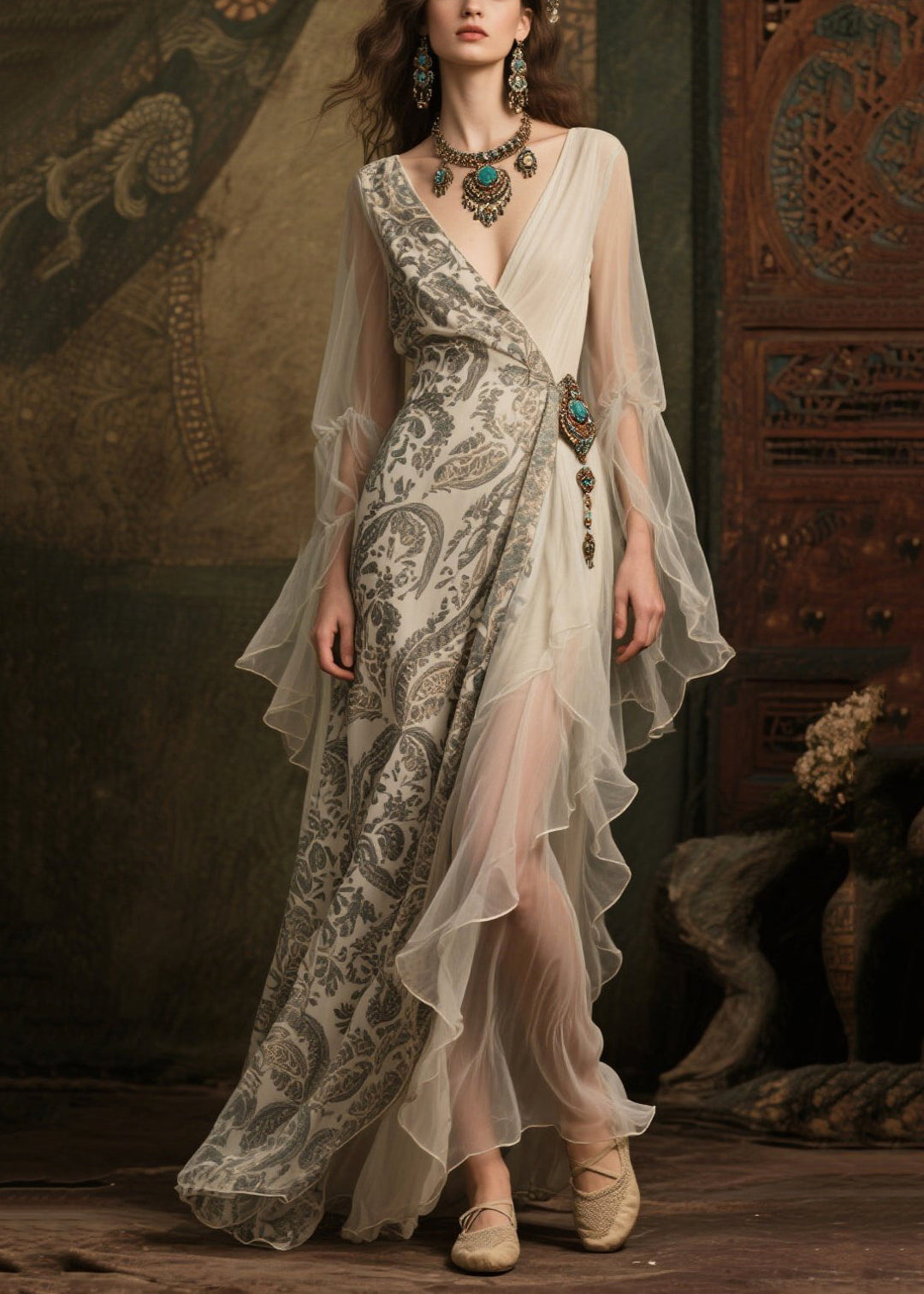 Elegant White Asymmetrical Print Chiffon Vacation Dress Summer