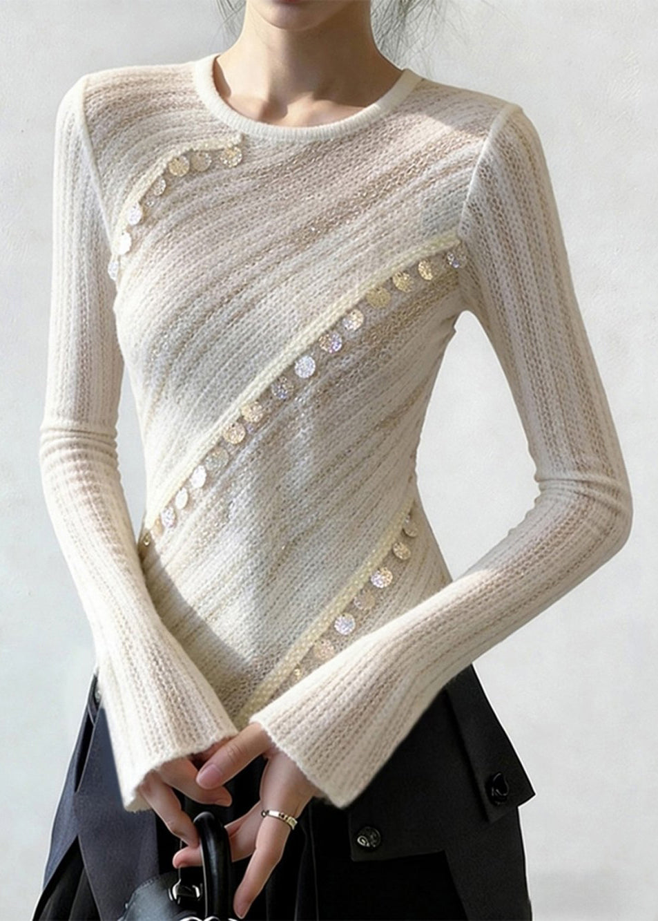 Elegant White Asymmetrical Sequins Patchwork Thin Knit Top Spring