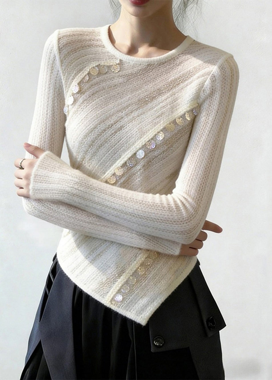 Elegant White Asymmetrical Sequins Patchwork Thin Knit Top Spring