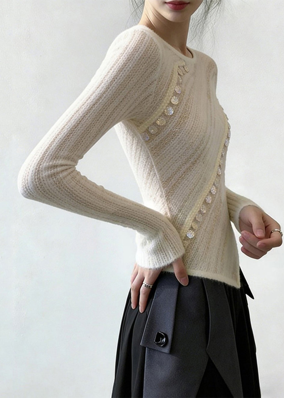 Elegant White Asymmetrical Sequins Patchwork Thin Knit Top Spring