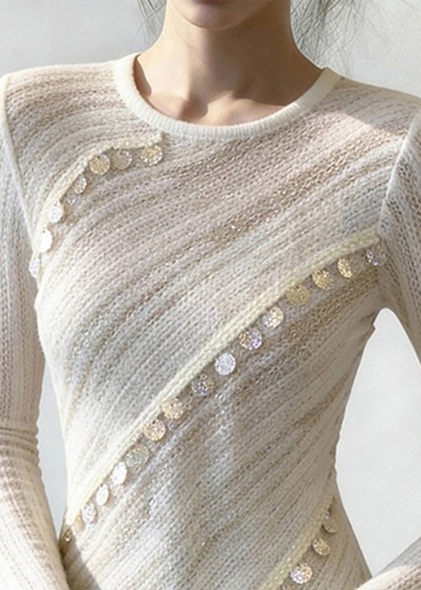 Elegant White Asymmetrical Sequins Patchwork Thin Knit Top Spring