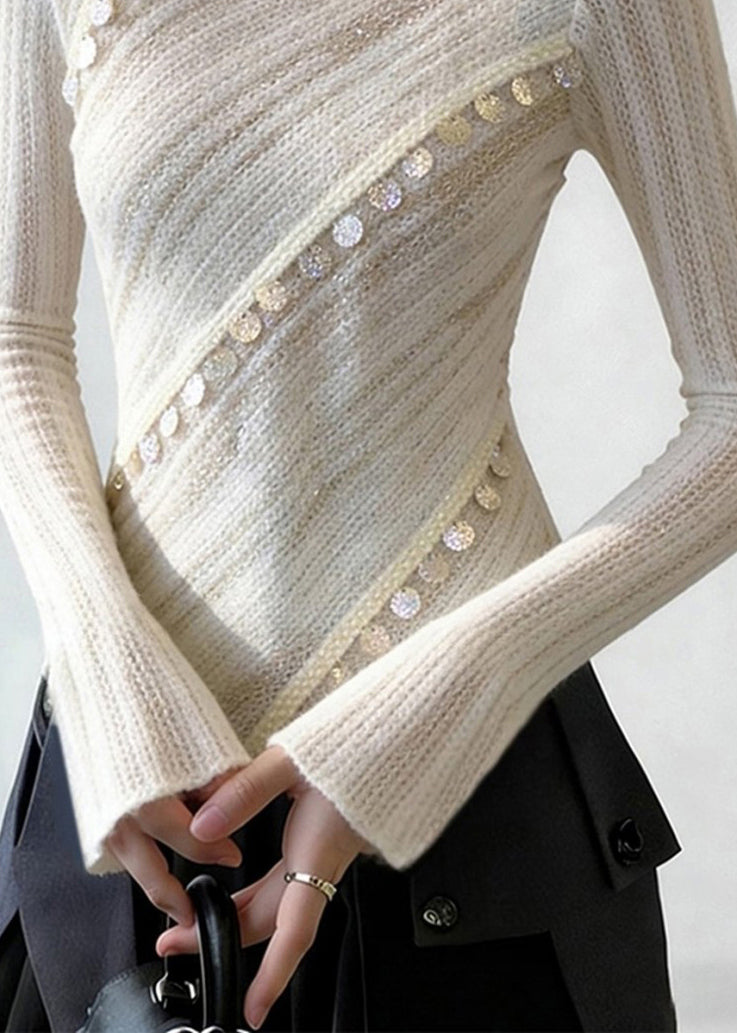 Elegant White Asymmetrical Sequins Patchwork Thin Knit Top Spring