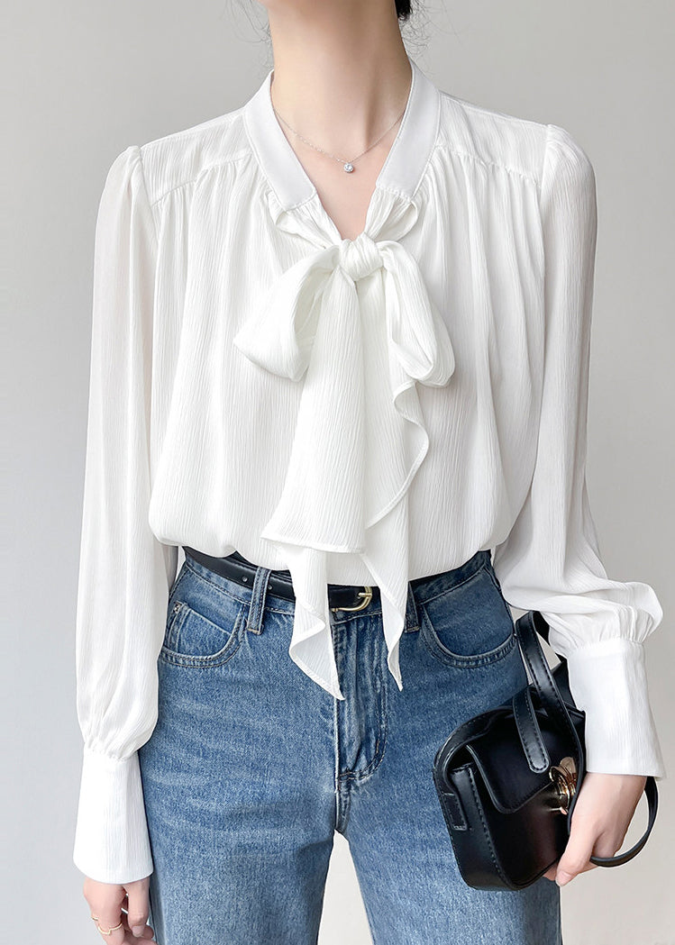 Elegant White Bow Draping Chiffon Tops Spring