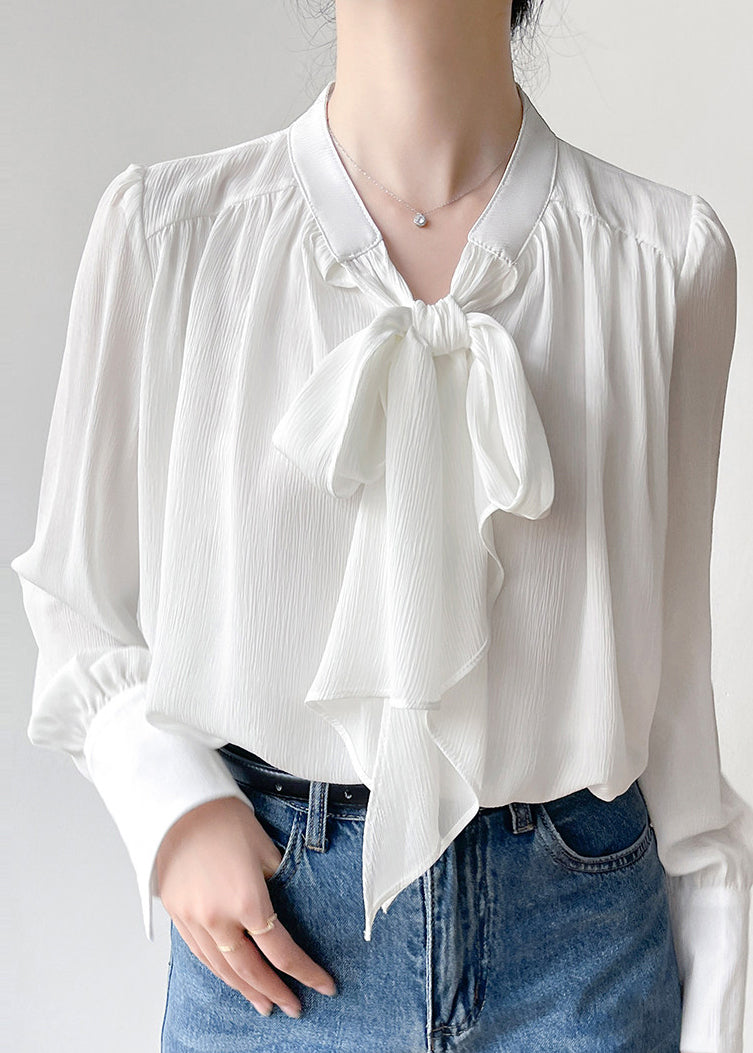 Elegant White Bow Draping Chiffon Tops Spring