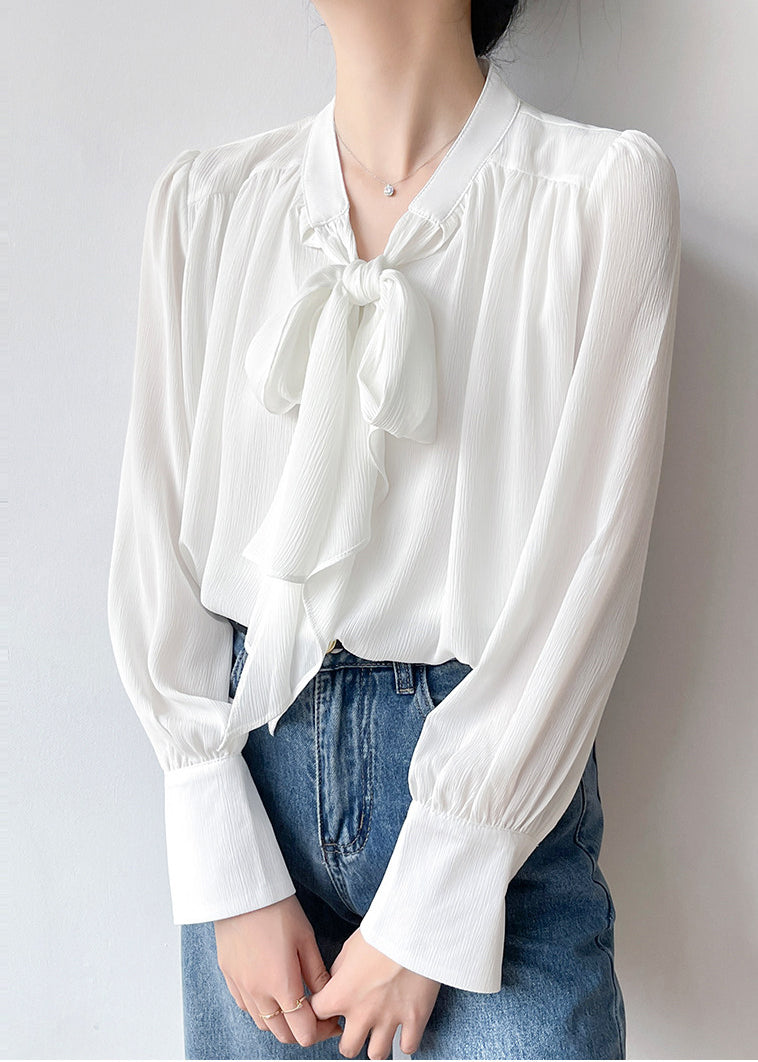 Elegant White Bow Draping Chiffon Tops Spring
