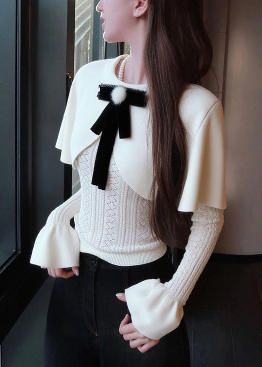Elegant White Bow False Two Pieces Knit Cape Sweaters Winter