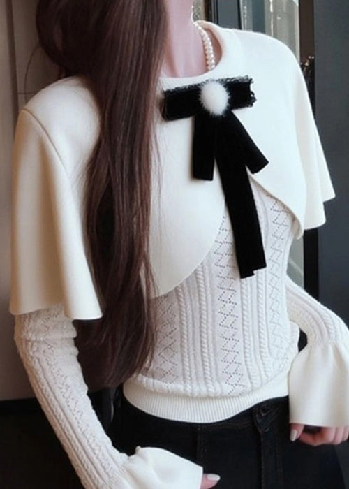 Elegant White Bow False Two Pieces Knit Cape Sweaters Winter