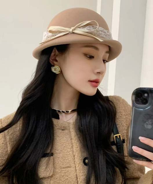 Elegant White Bow Lace Woolen Bucket Hat