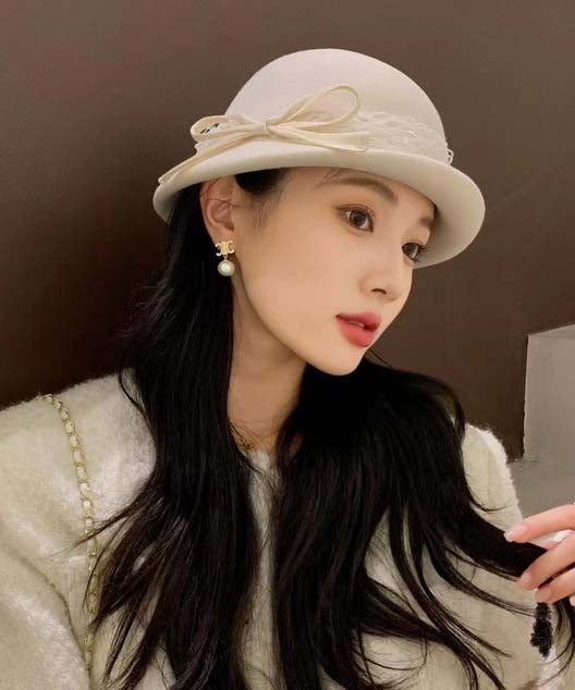 Elegant White Bow Lace Woolen Bucket Hat