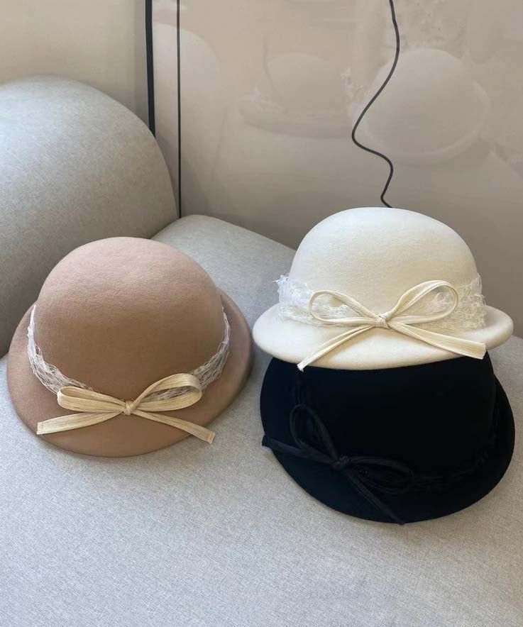 Elegant White Bow Lace Woolen Bucket Hat