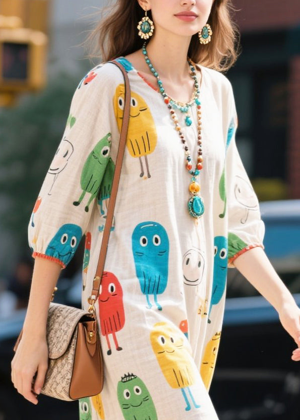 Elegant White Character Print Cotton Dress Half Sleeve