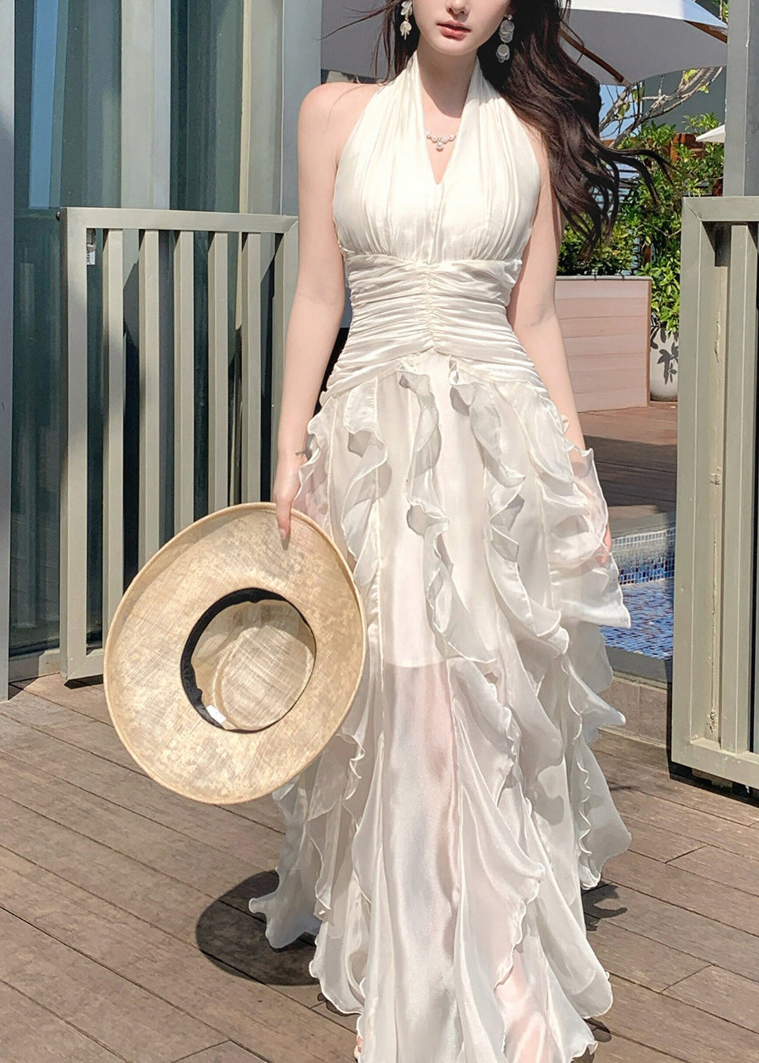 Elegant White Cinched Ruffled Tulle Maxi Dress Summer