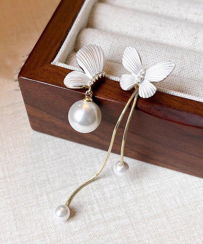 Elegant White Copper Alloy Asymmetry Butterfly Pearl Tassel Drop Earrings