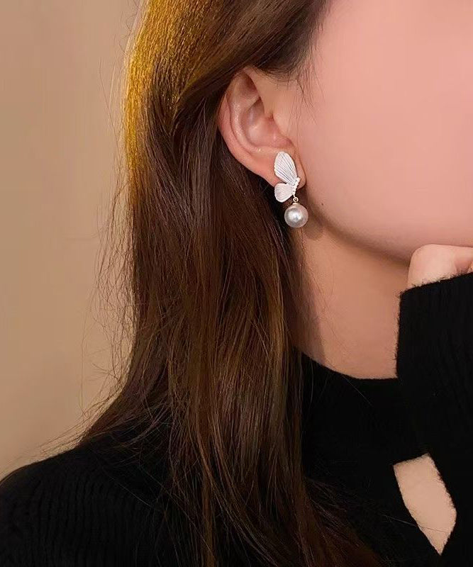 Elegant White Copper Alloy Asymmetry Butterfly Pearl Tassel Drop Earrings