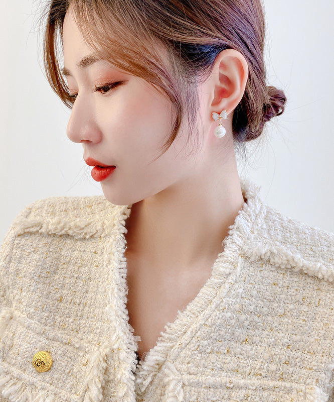 Elegant White Copper Alloy Bow Shell Pearl Drop Earrings