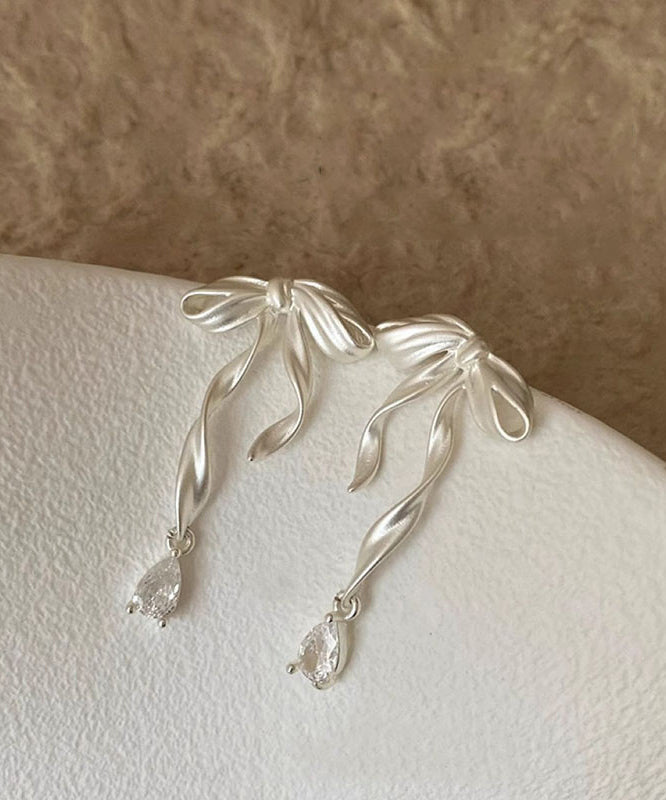 Elegant White Copper Alloy Butterfly Silk Ribbon Drop Earrings