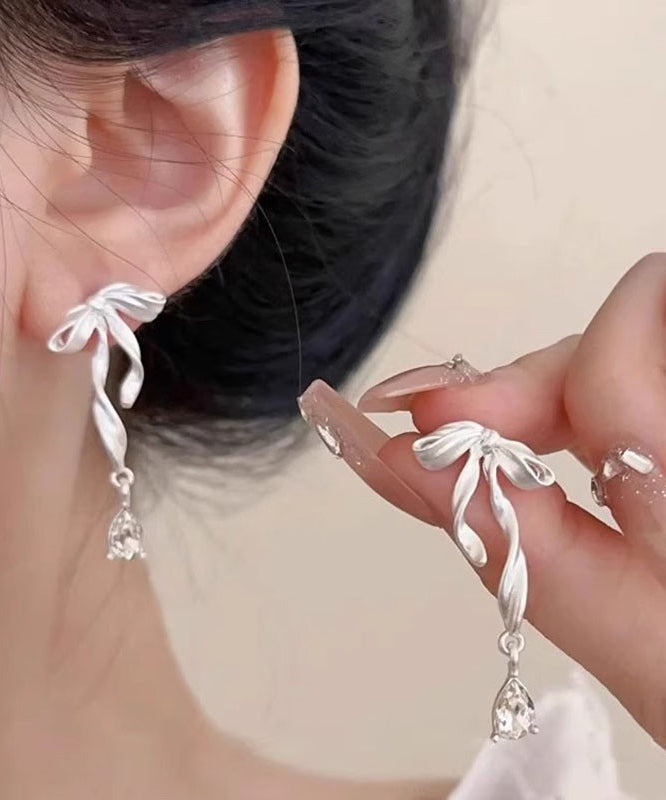 Elegant White Copper Alloy Butterfly Silk Ribbon Drop Earrings