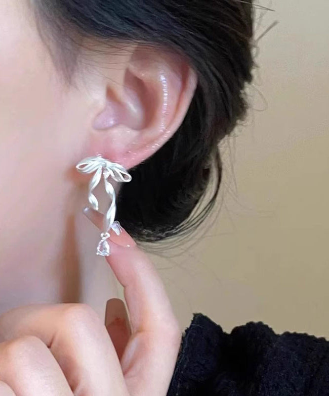 Elegant White Copper Alloy Butterfly Silk Ribbon Drop Earrings