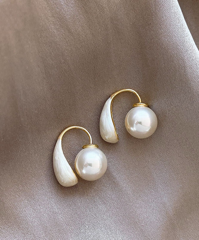 Elegant White Copper Alloy Drip Glaze Pearl Hoop Earrings