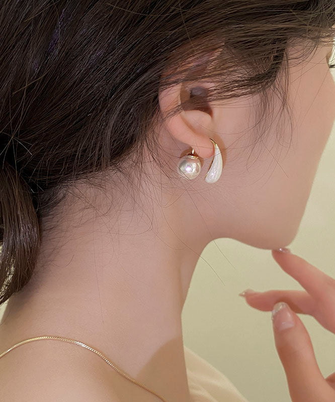 Elegant White Copper Alloy Drip Glaze Pearl Hoop Earrings