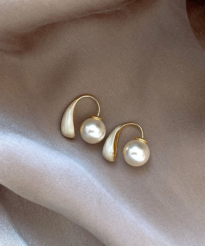 Elegant White Copper Alloy Drip Glaze Pearl Hoop Earrings