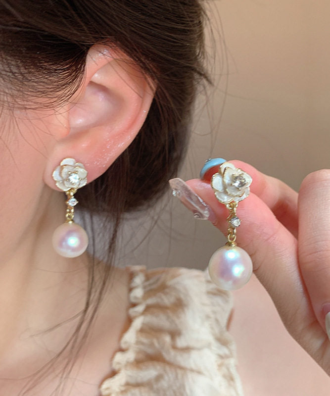 Elegant White Copper Alloy Pearl Camellia Drop Earrings