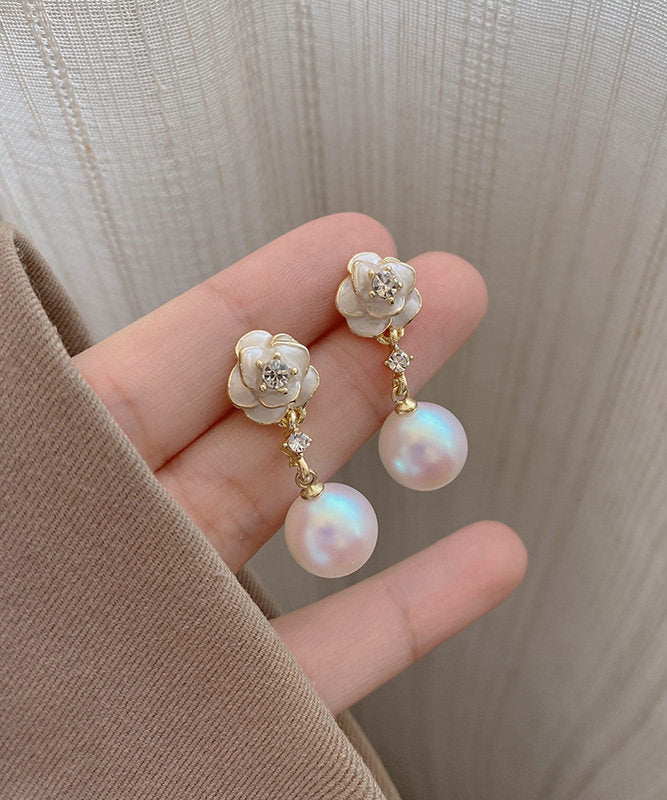 Elegant White Copper Alloy Pearl Camellia Drop Earrings