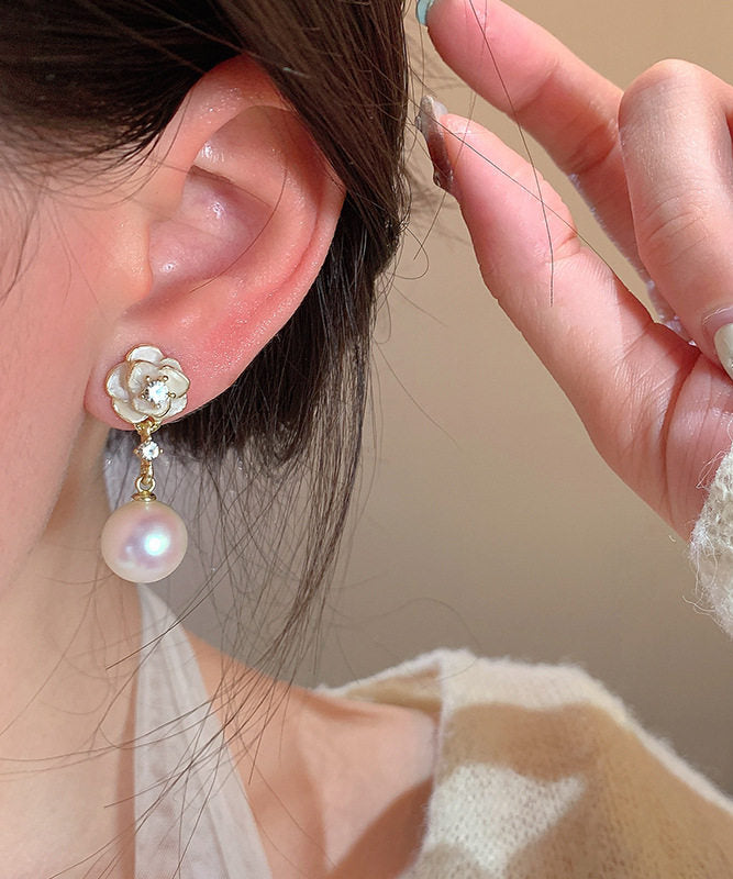 Elegant White Copper Alloy Pearl Camellia Drop Earrings