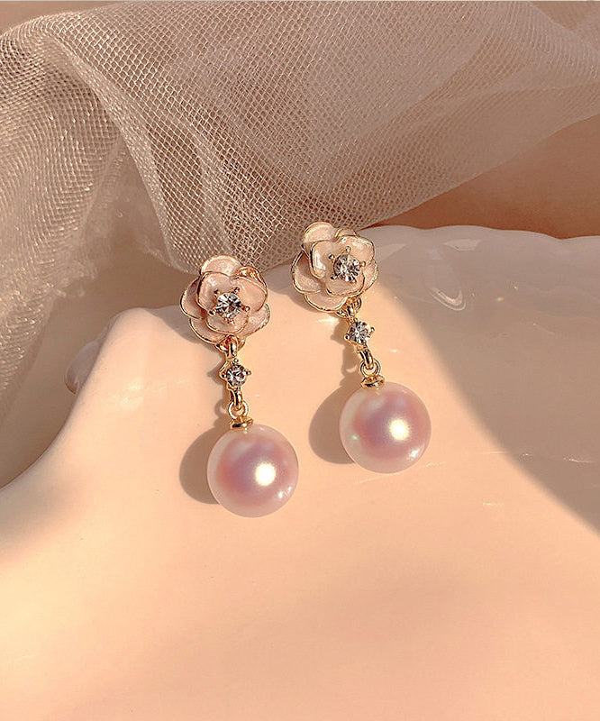 Elegant White Copper Alloy Pearl Camellia Drop Earrings