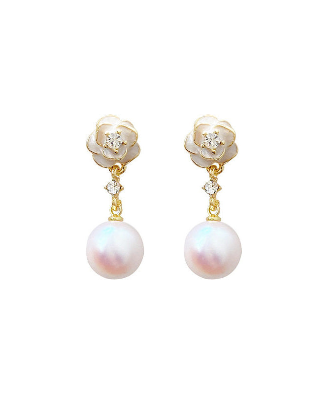 Elegant White Copper Alloy Pearl Camellia Drop Earrings