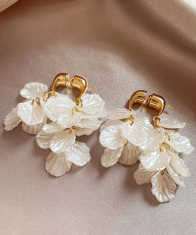 Elegant White Copper Alloy Petal Tassel Hoop Earring