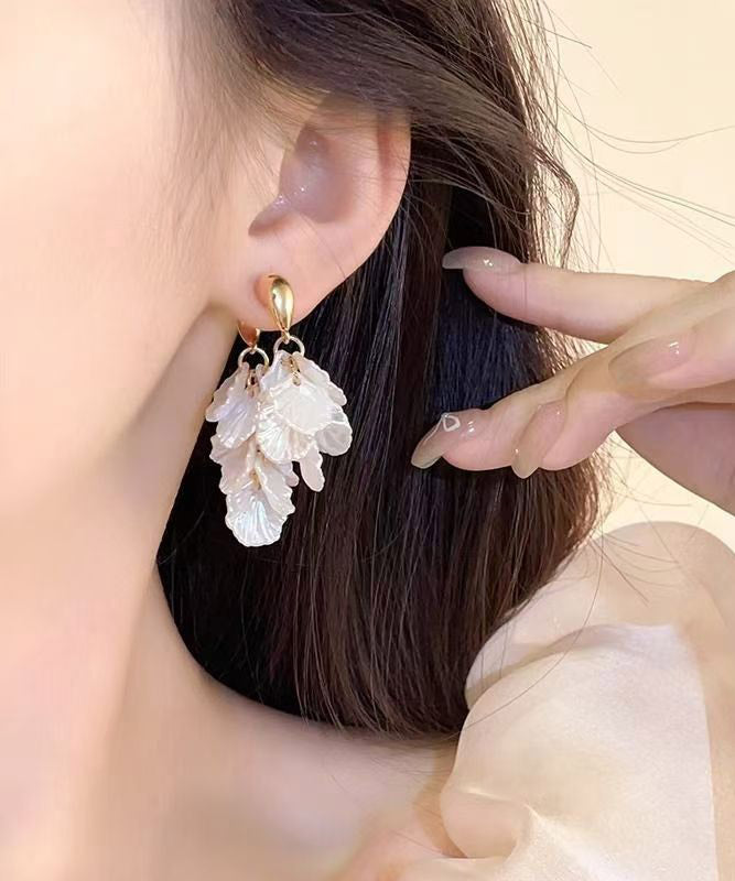 Elegant White Copper Alloy Petal Tassel Hoop Earring