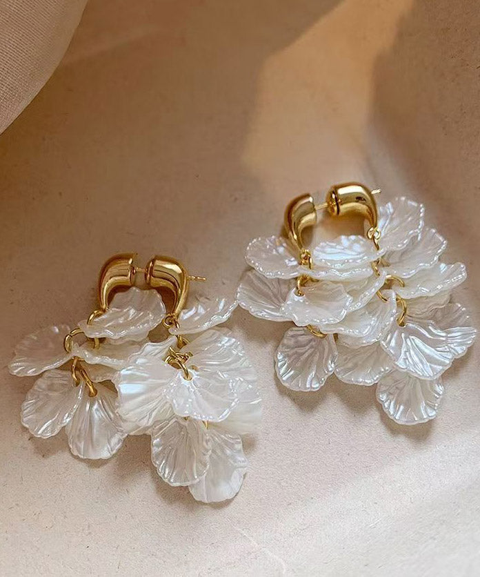 Elegant White Copper Alloy Petal Tassel Hoop Earring