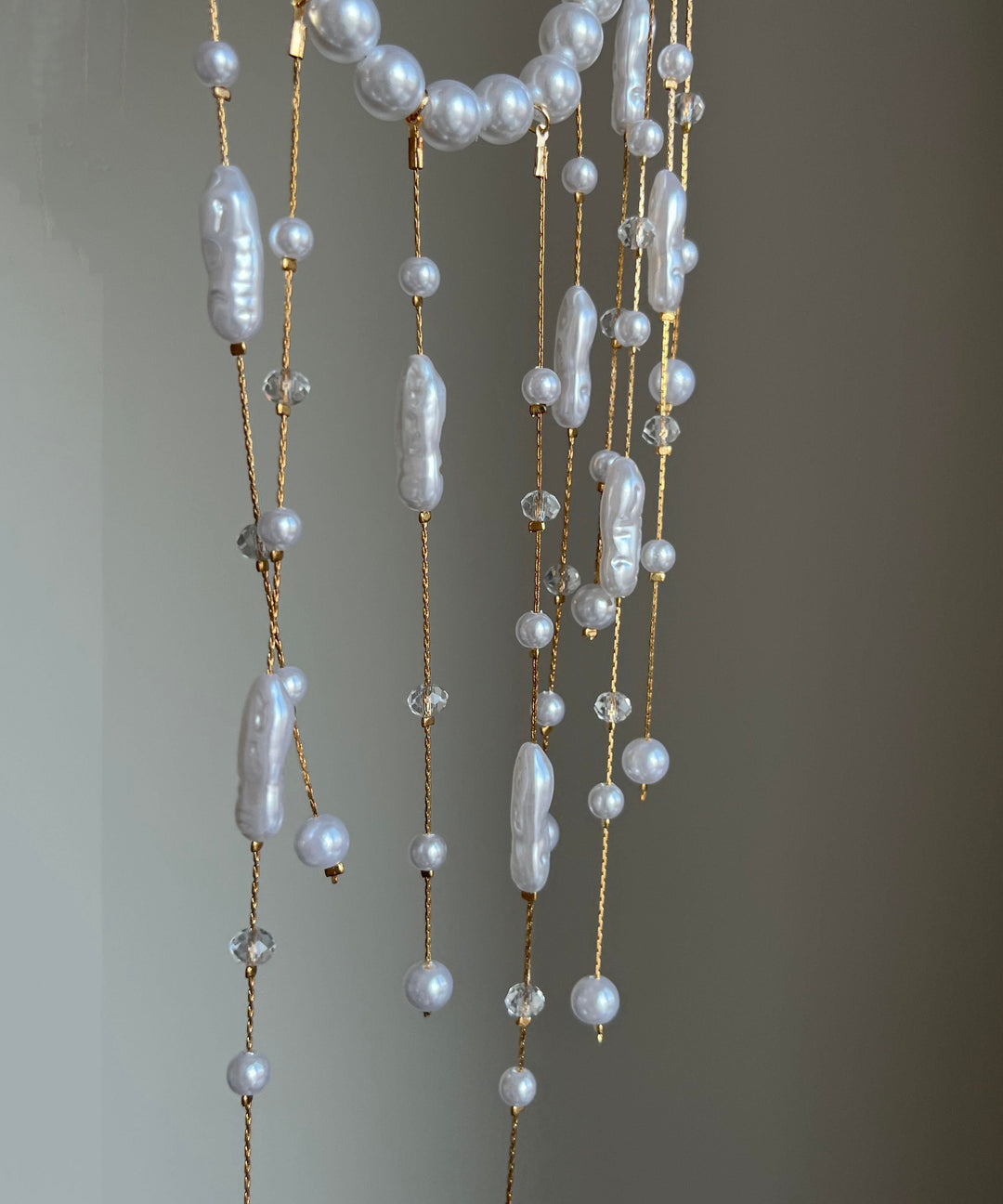 Elegant White Copper Overgild Asymmetrica Pearl Tassel Lariat Necklace