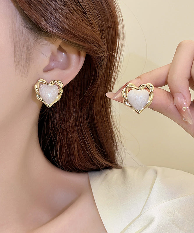 Elegant White Copper Overgild Drip Glaze Love Stud Earrings