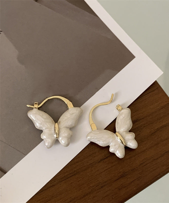 Elegant White Copper Overgild Drop Glaze Butterfly Hoop Earrings