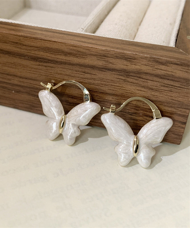 Elegant White Copper Overgild Drop Glaze Butterfly Hoop Earrings