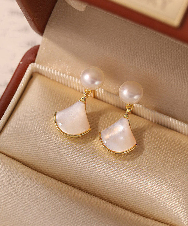 Elegant White Copper Overgild Pearl Shell Fan-Shaped Stud Earrings