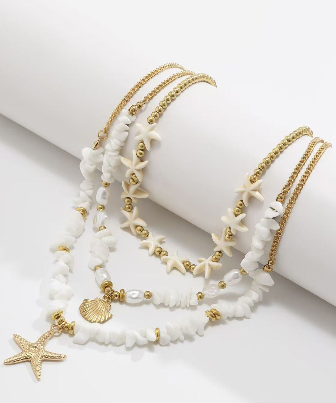 Elegant White Copper Starfish Shell Layered Pendant Necklace