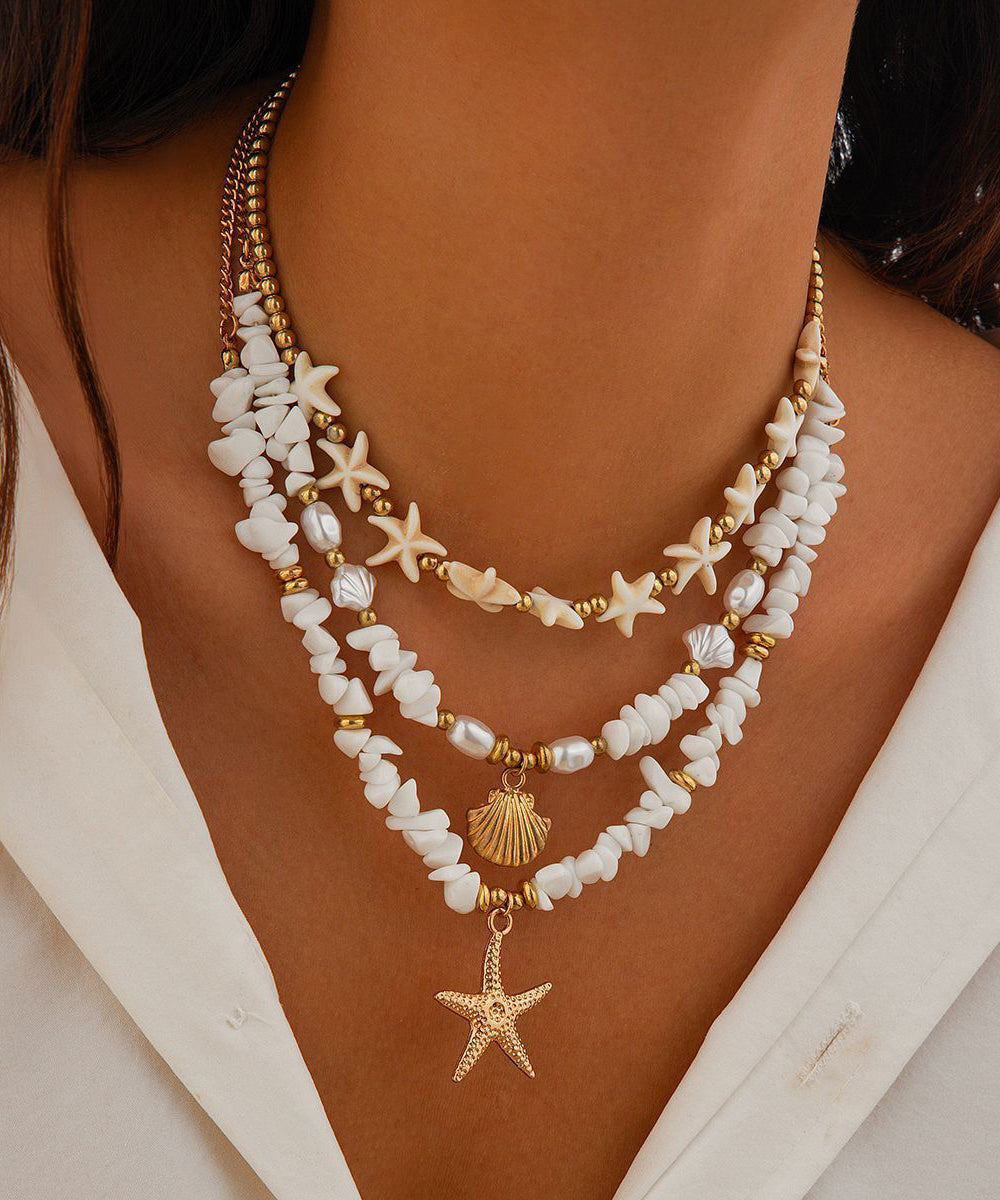 Elegant White Copper Starfish Shell Layered Pendant Necklace