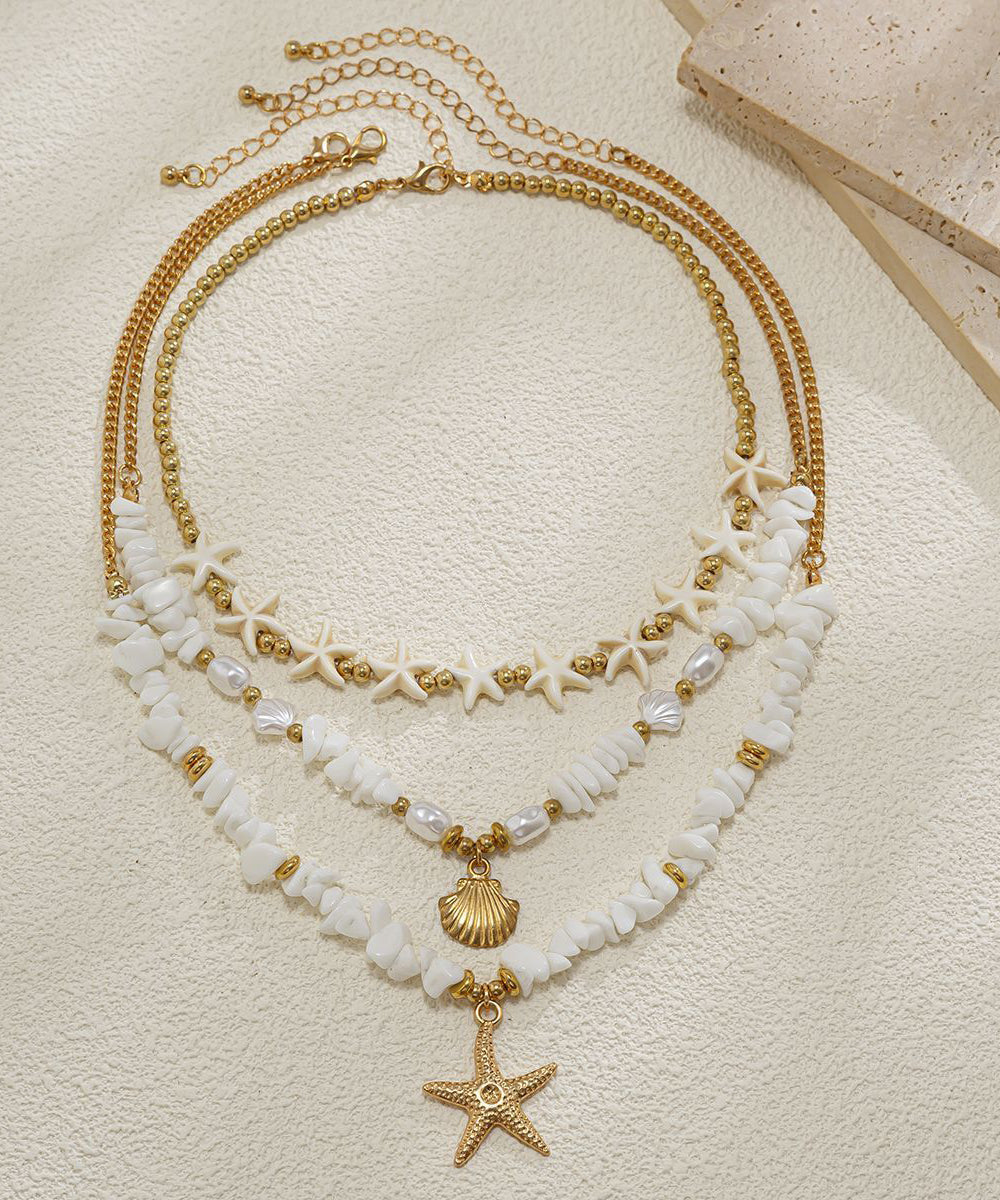 Elegant White Copper Starfish Shell Layered Pendant Necklace