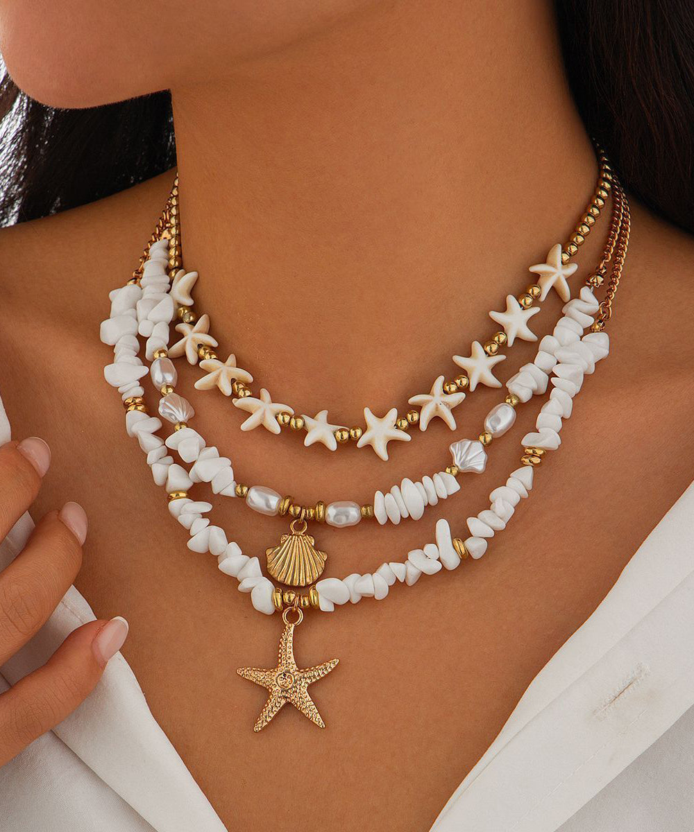 Elegant White Copper Starfish Shell Layered Pendant Necklace