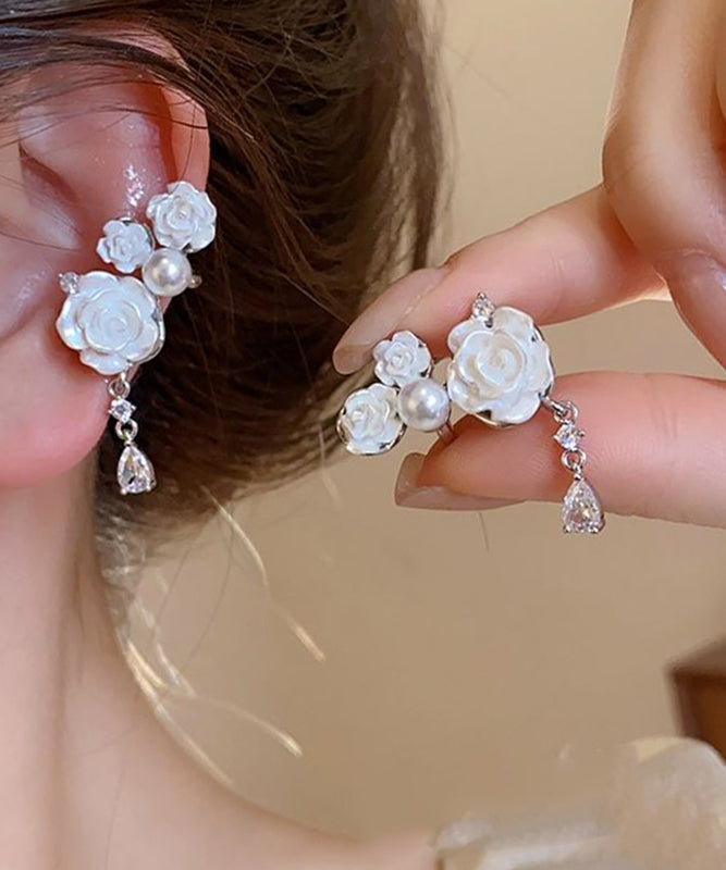 Elegant White Copper Zircon Pearl Camellia Flower Drop Earrings