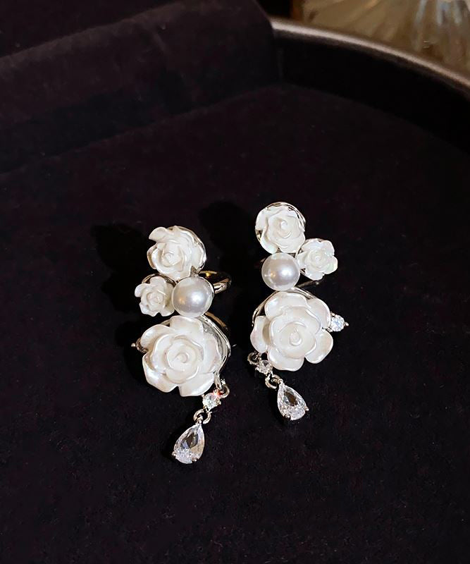 Elegant White Copper Zircon Pearl Camellia Flower Drop Earrings