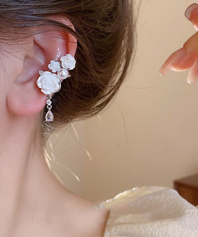 Elegant White Copper Zircon Pearl Camellia Flower Drop Earrings