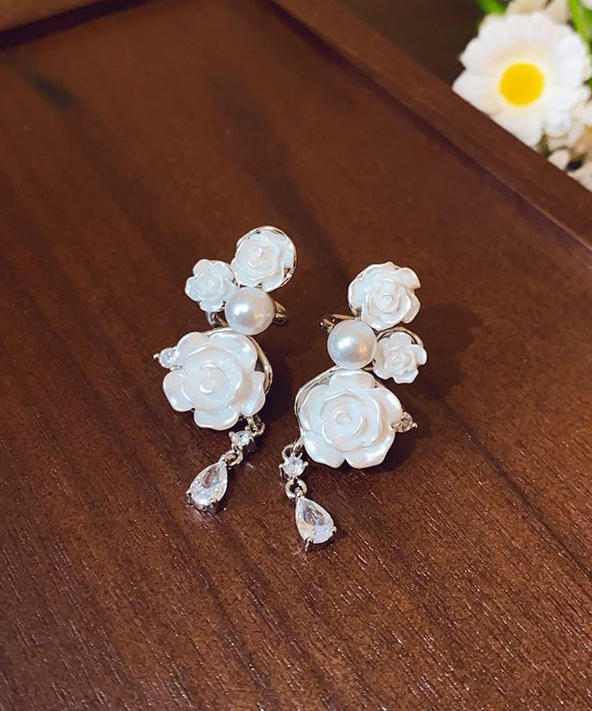 Elegant White Copper Zircon Pearl Camellia Flower Drop Earrings