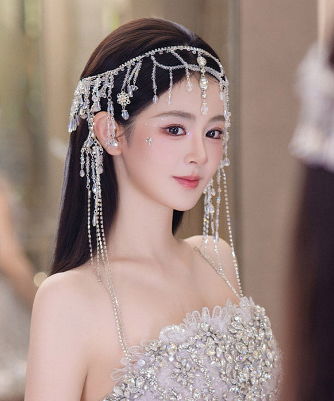 Elegant White Crystal Zircon Water Droplet Tassel HairPiece