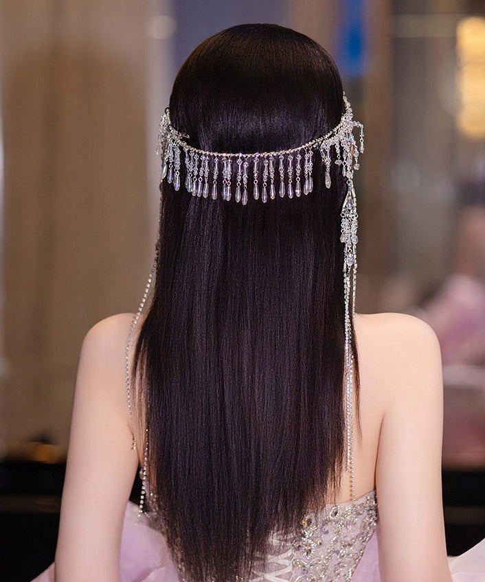 Elegant White Crystal Zircon Water Droplet Tassel HairPiece