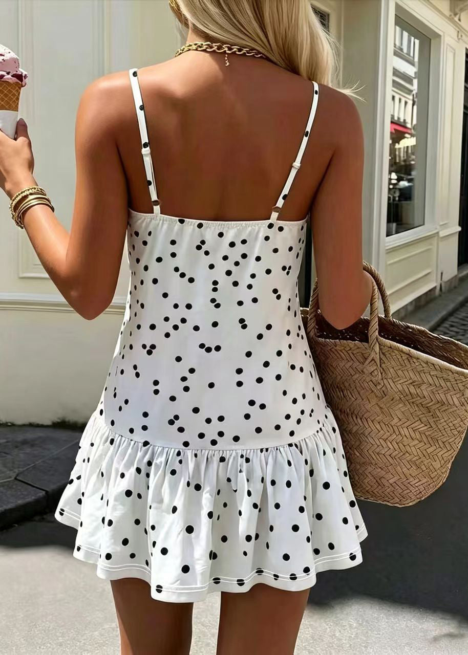 Elegant White Dot Cotton Spaghetti Strap Dress Summer