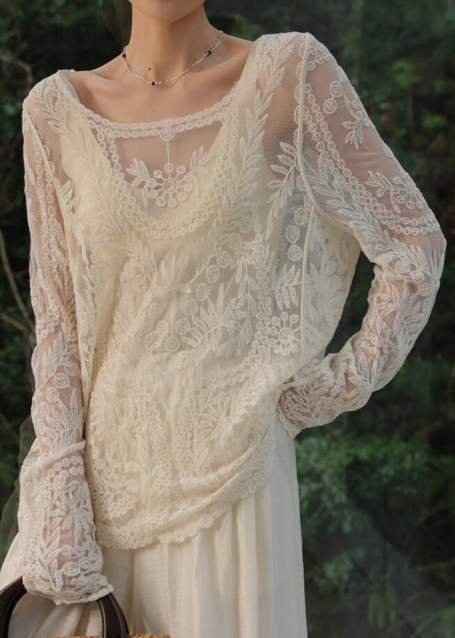 Elegant White Embroidered Hollow Out Tulle Top Summer